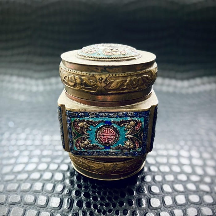 Antique Enamel & Brass Container with bat motif