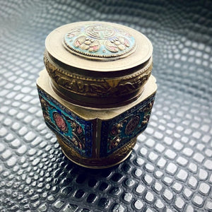 Antique Enamel & Brass Container with bat motif