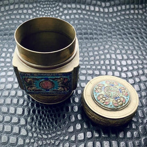 Antique Enamel & Brass Container with bat motif