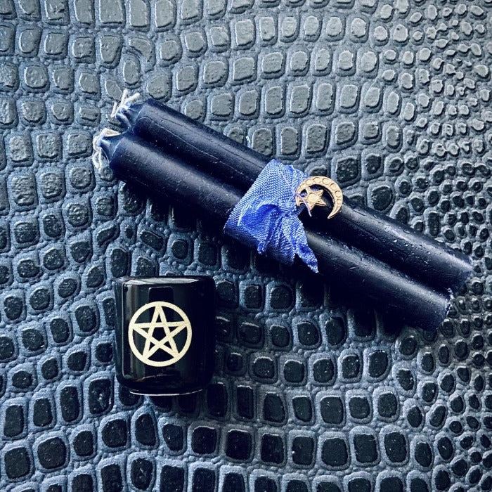 witchy pentagram candle holder and black chime candles