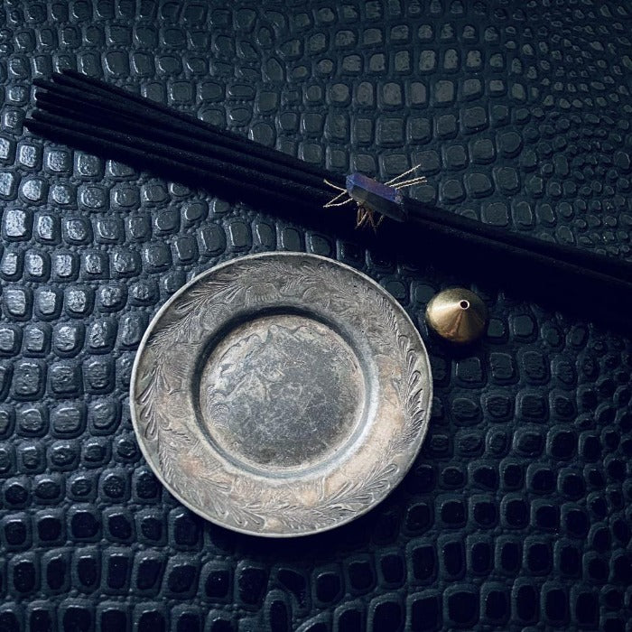 Incense gift set with brass teardrop incense burner, antique dish and bundle of incense sticks