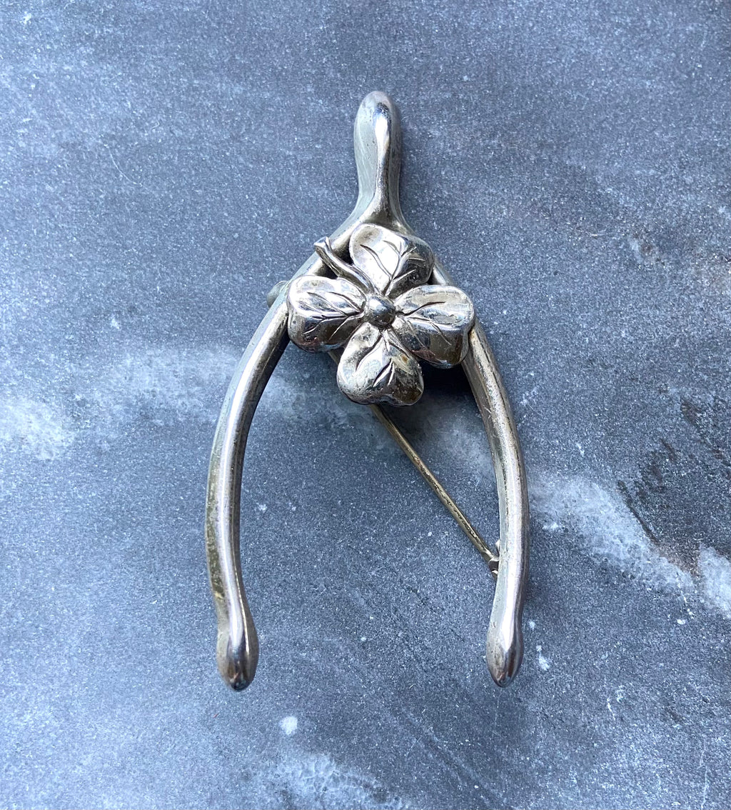 vintage sterling silver wishbone four leaf clover brooch good luck jewelry