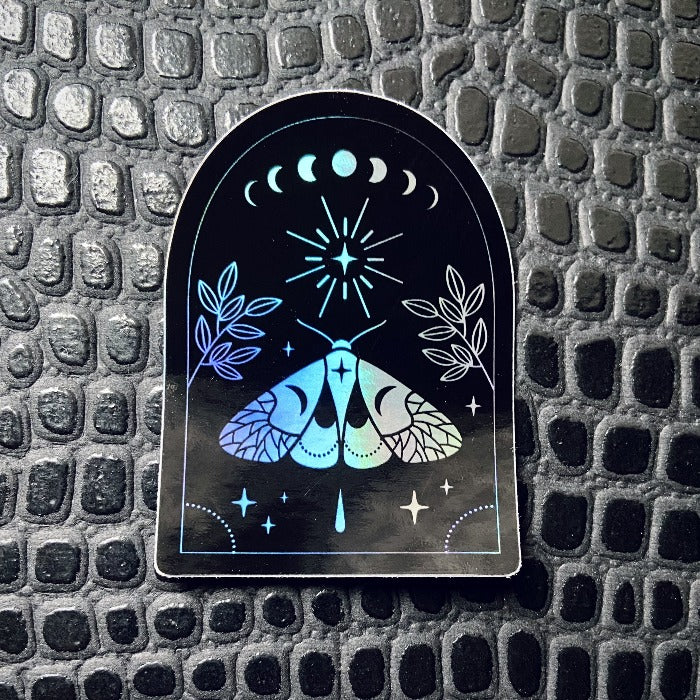 Witchy holographic moth moon phase sticker