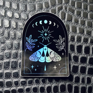 Witchy holographic moth moon phase sticker