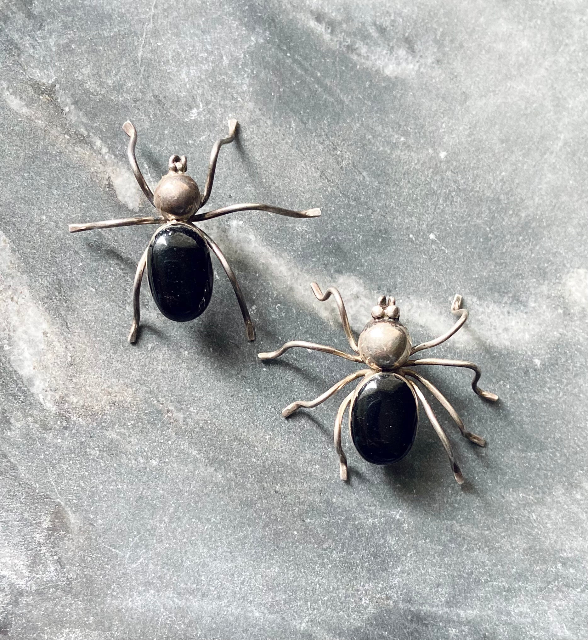 Vintage Silver Black Onyx Spider Brooch