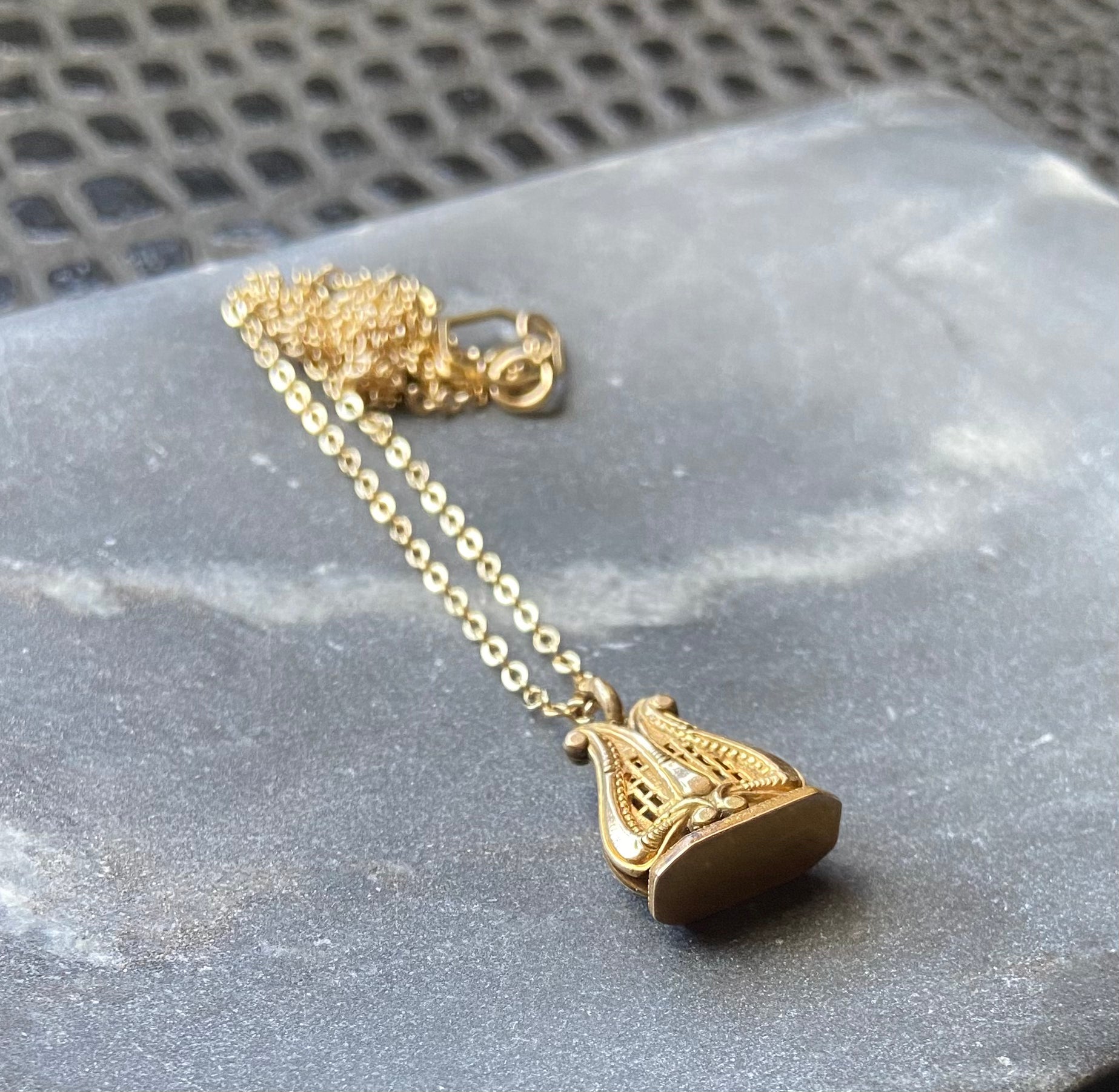 antique victorian gold filled lyre musical instrument fob charm necklace