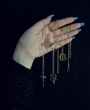 serpentine wax cast brass witchy talisman jewelry necklaces