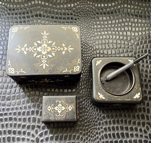 antique art deco smoking accessories set cigarette box ashtray matchbox cover mother of pearl