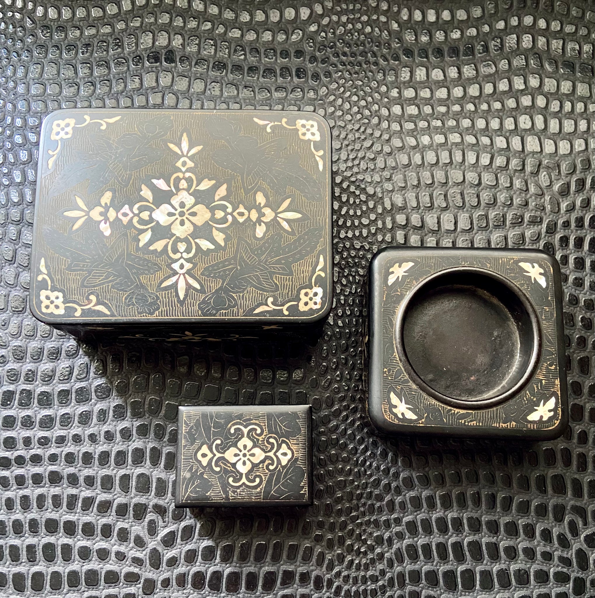 antique art deco smoking accessories set cigarette box ashtray matchbox cover mother of pearl