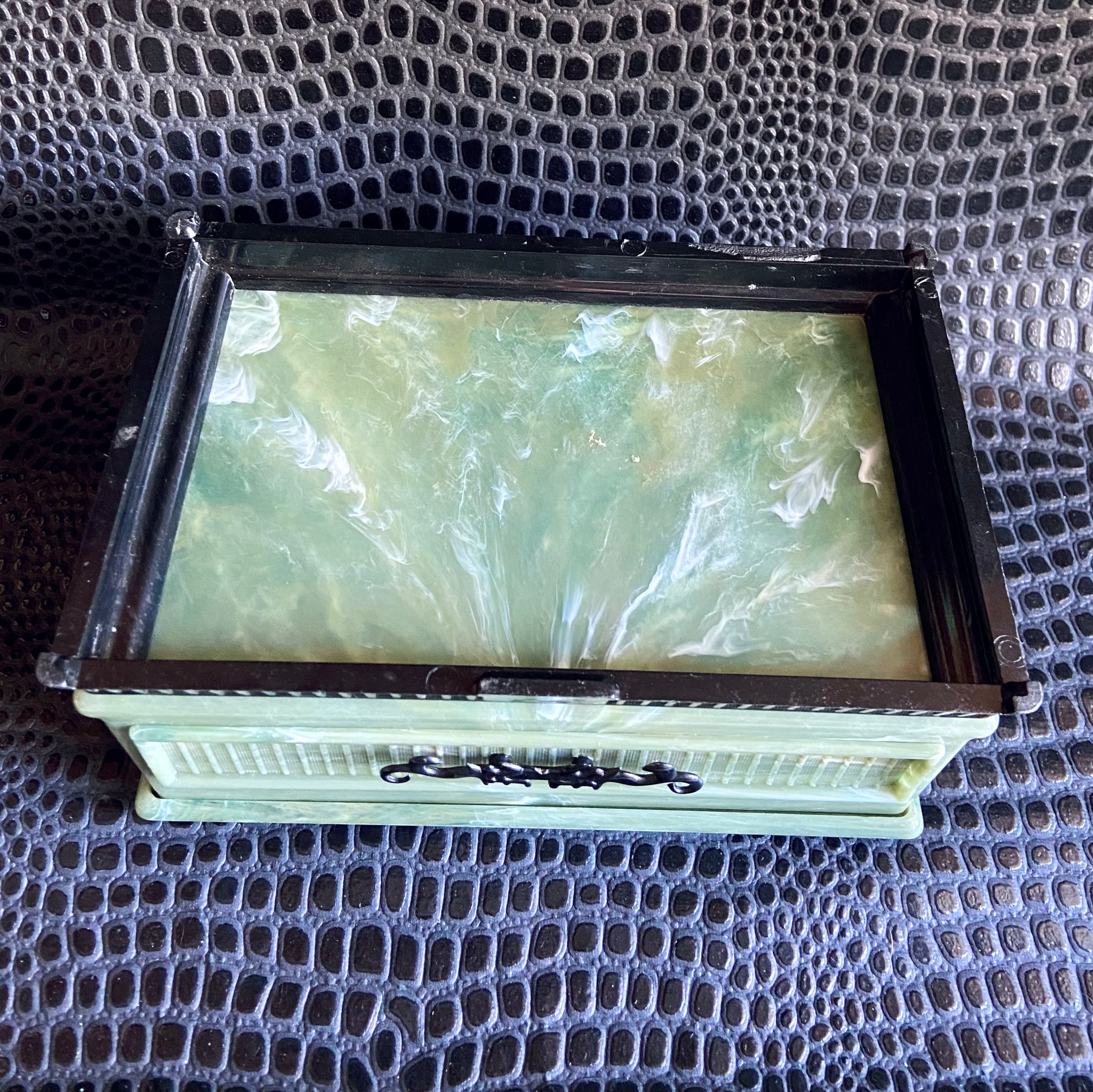 vintage green plastic talisman by deltah jewelry box