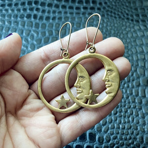 celestial brass moon and star witchy earrings