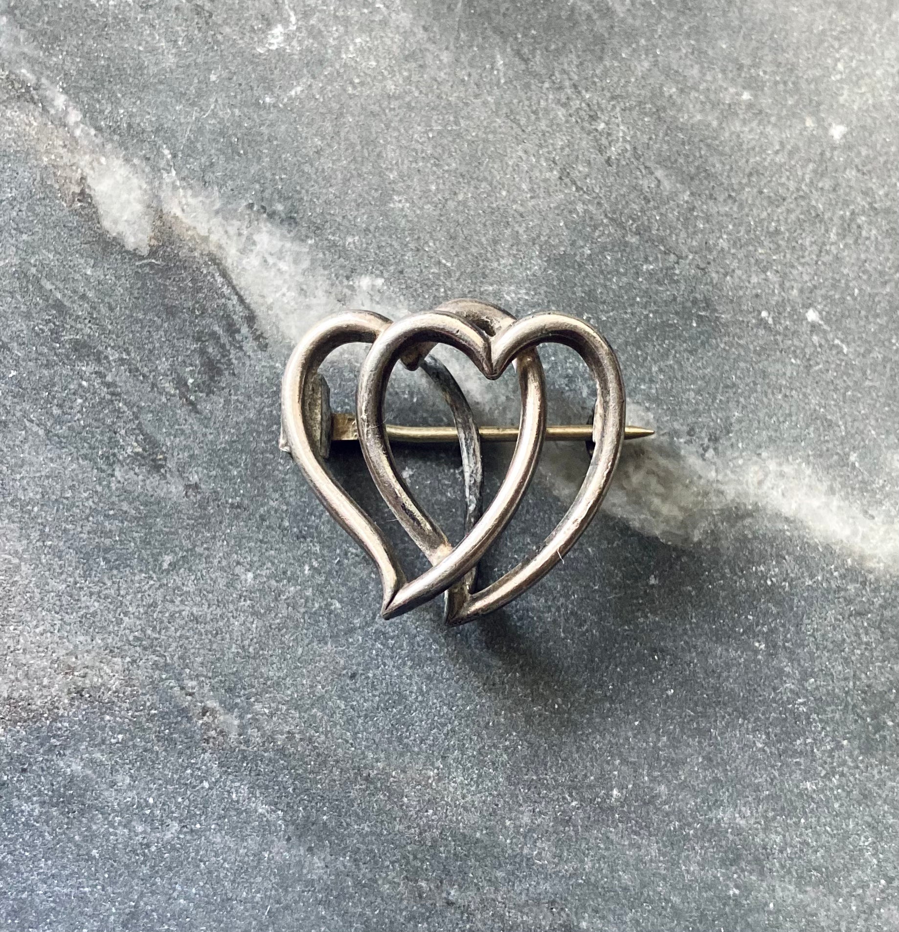 Antique victorian silver double heart sweetheart locket holder brooch