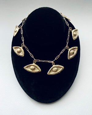 handmade hand carved wax cast brass eye charm statement collar necklace