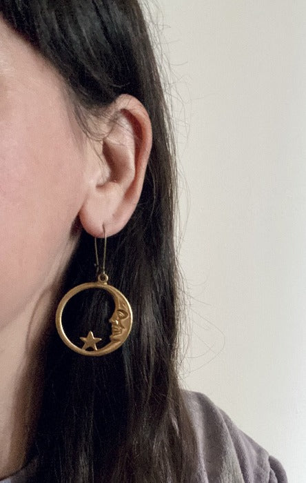 Celestial brass moon and star earrings