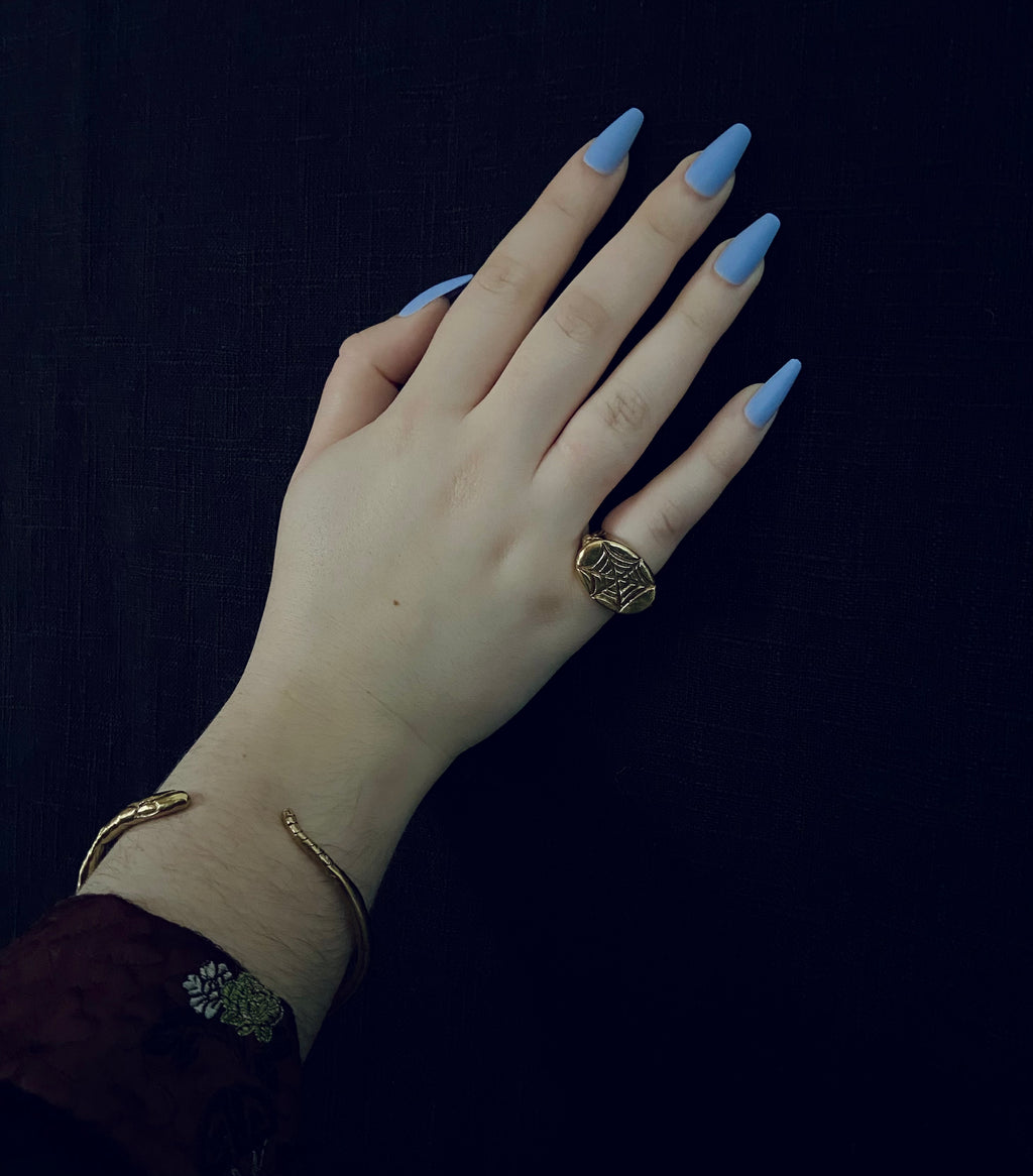 serpentine wax cast brass jewelry spiderweb spider ring