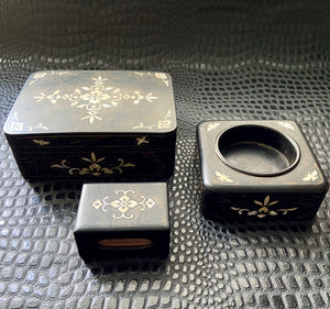 antique art deco smoking accessories set cigarette box ashtray matchbox cover mother of pearl