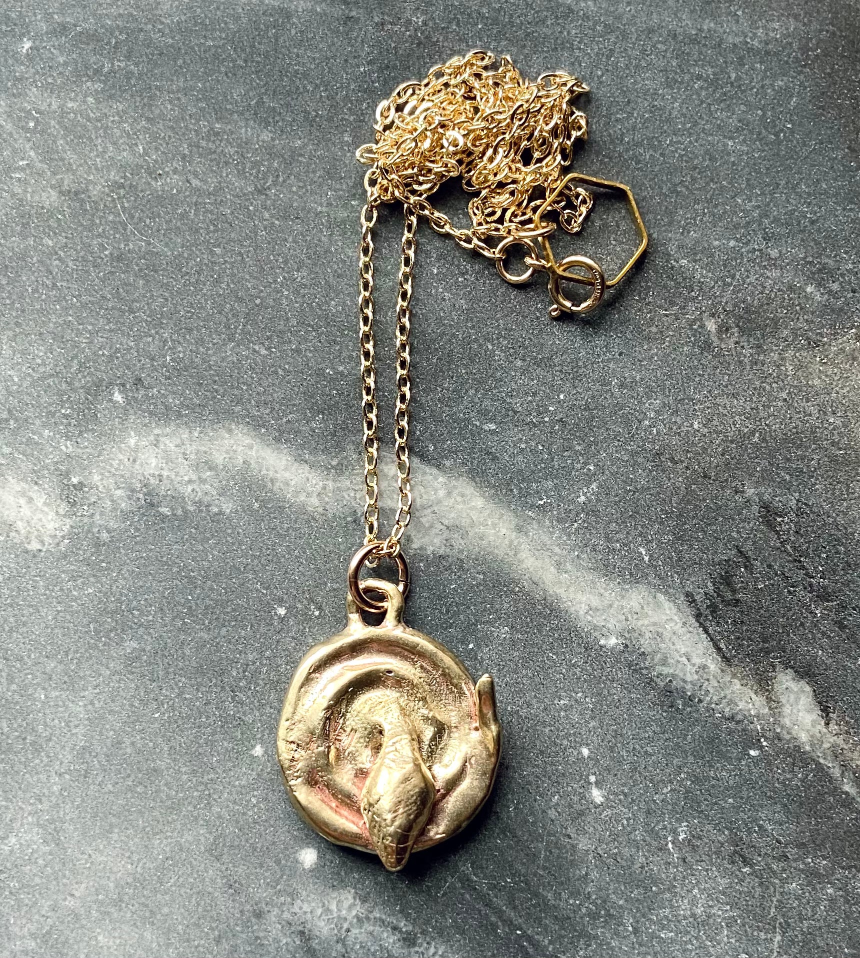 serpentine handmade hand carved lost wax cast brass witchy snake talisman charm necklace