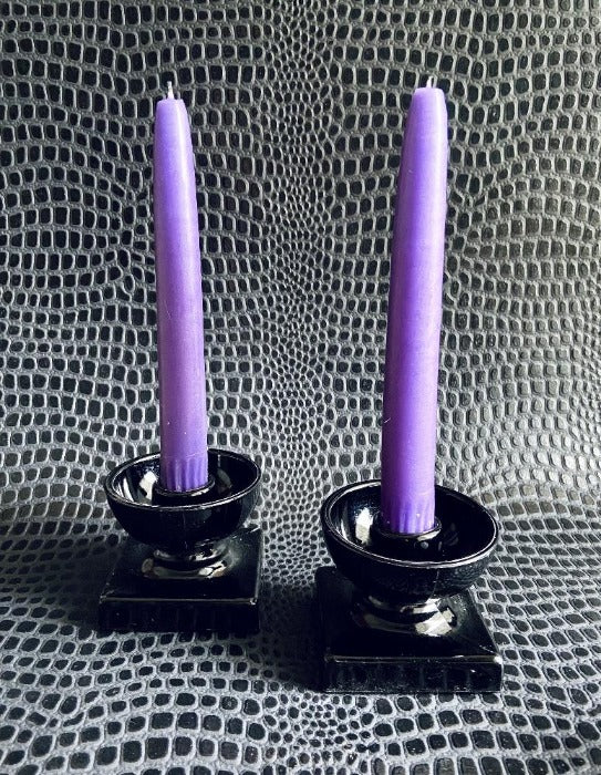 Pair Antique Black Glass Candle Holders