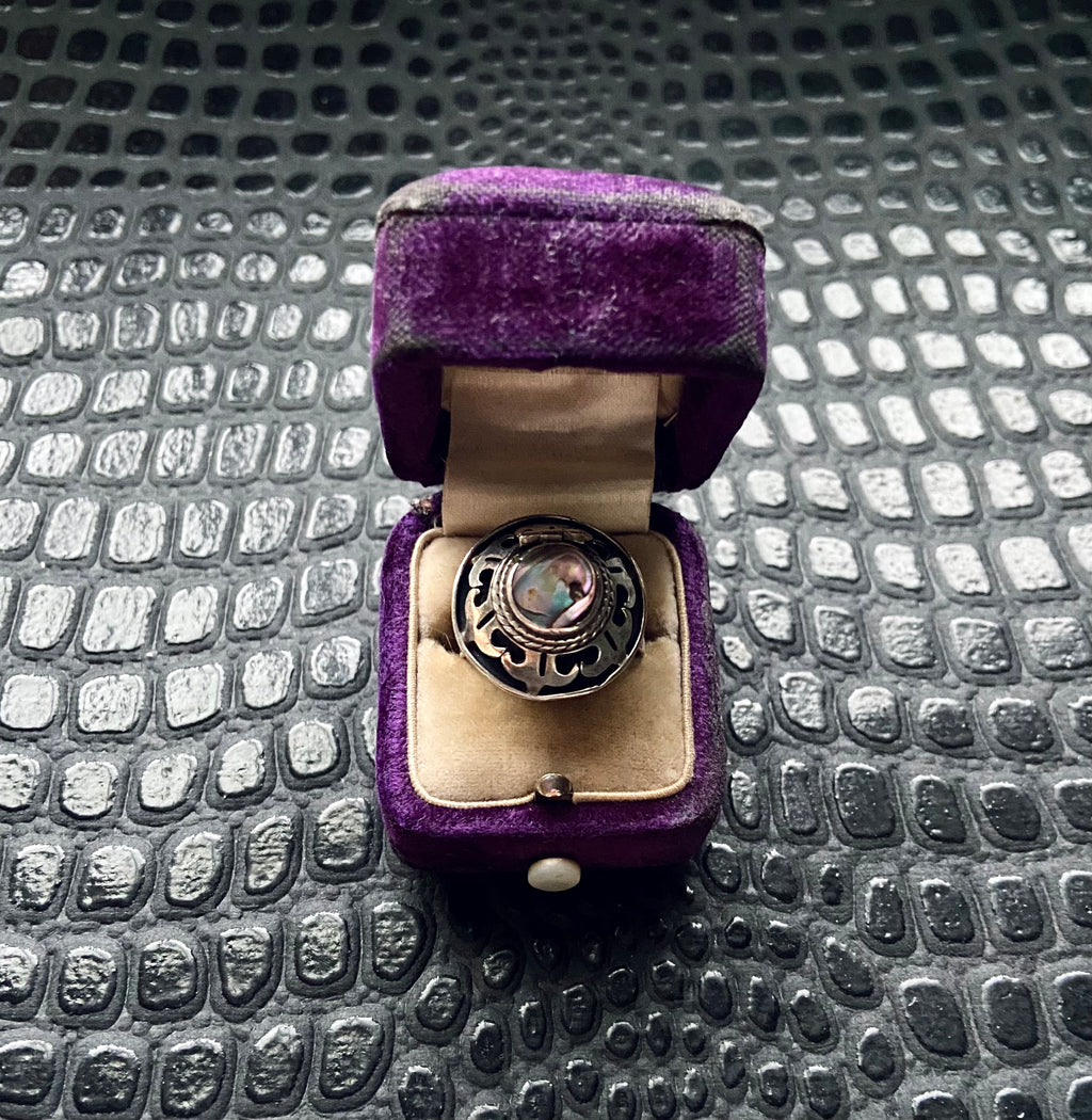 vintage adjustable silver abalone shell poison ring
