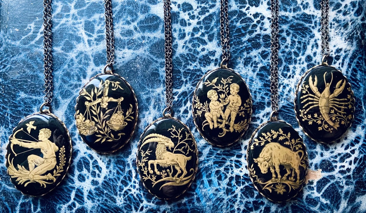 handmade vintage black gold zodiac sign astrology statement necklace