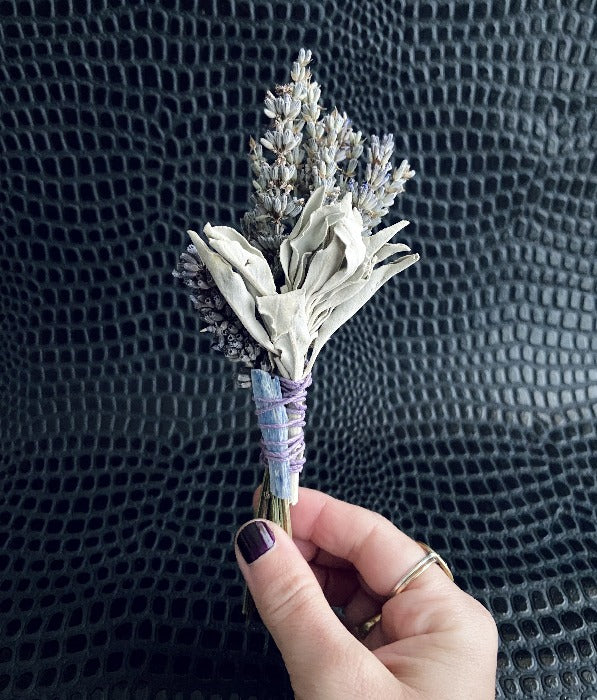 Mini lavender sage & kyanite crystal herbal smoke wand